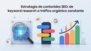 Ilustración de estrategia de contenidos SEO — desde keyword research hasta tráfico orgánico constante.