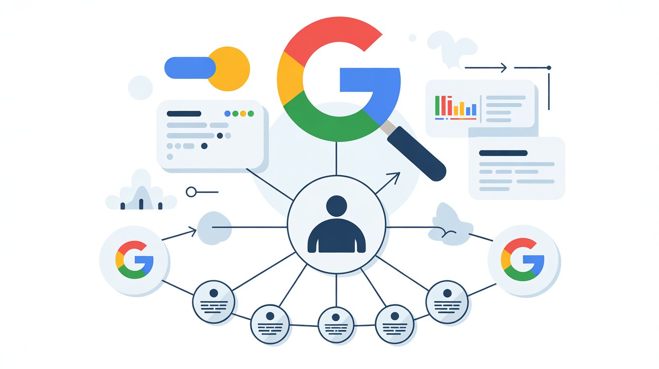 Ilustración de topic clusters con arquitectura de contenido para posicionamiento SEO en Google.