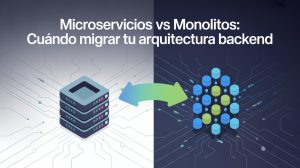 lustración comparativa entre arquitectura monolítica y microservicios, con flecha de migración backend.
